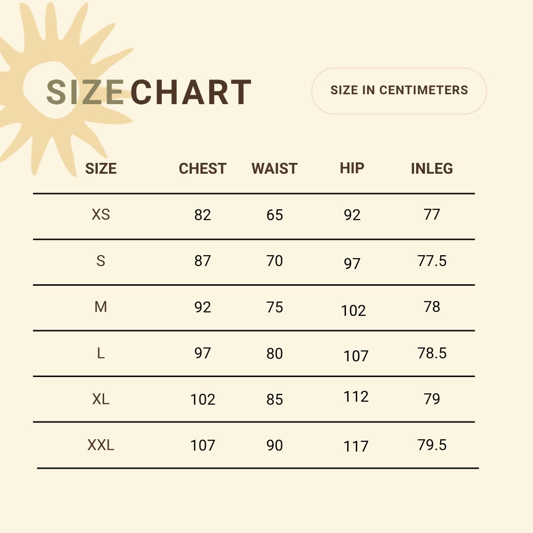 Size chart for clothing measurements in centimeters on a beige background with a sun graphic.
